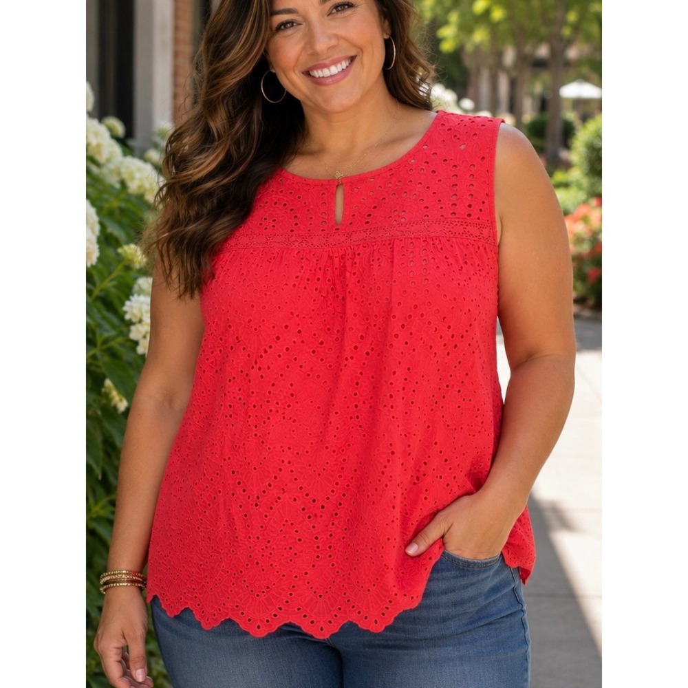 Maurices Womens Sleeveless Eyelet Top Red Plus 1X Summer Casual Vacation Eyelet